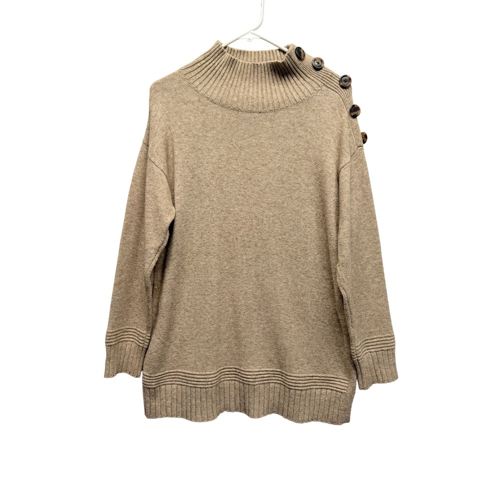 by Anthropologie Womens Tan Mock Neck Button Shoulder Ribbed Knit Sweater Small